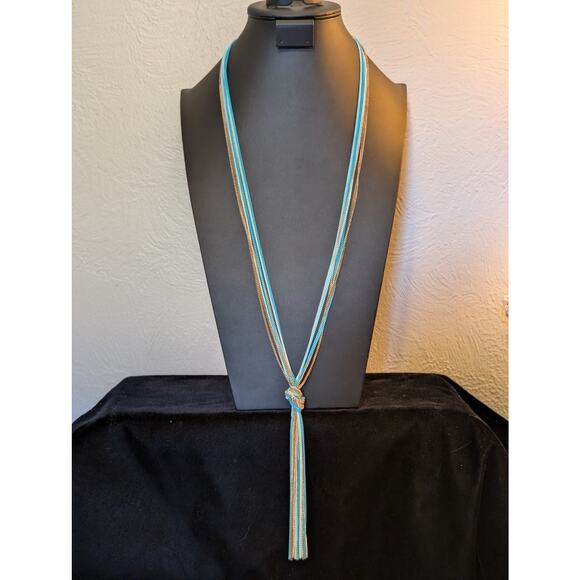 Multi-Blue & Gold Chain Knotted Tassel Long Necklace - Picture 7 of 7